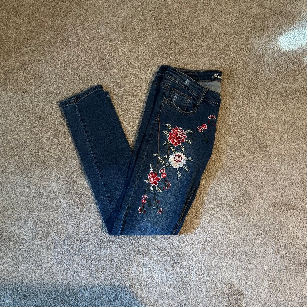 Machine Nouvelle Mode Embroidered Floral Skinny Dark Jeans Sz 30 (30x30) EUC